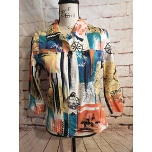 Kaktus Jacket Nautical Large Art to Wear Artsy Ship Map Button Blazer Stretch